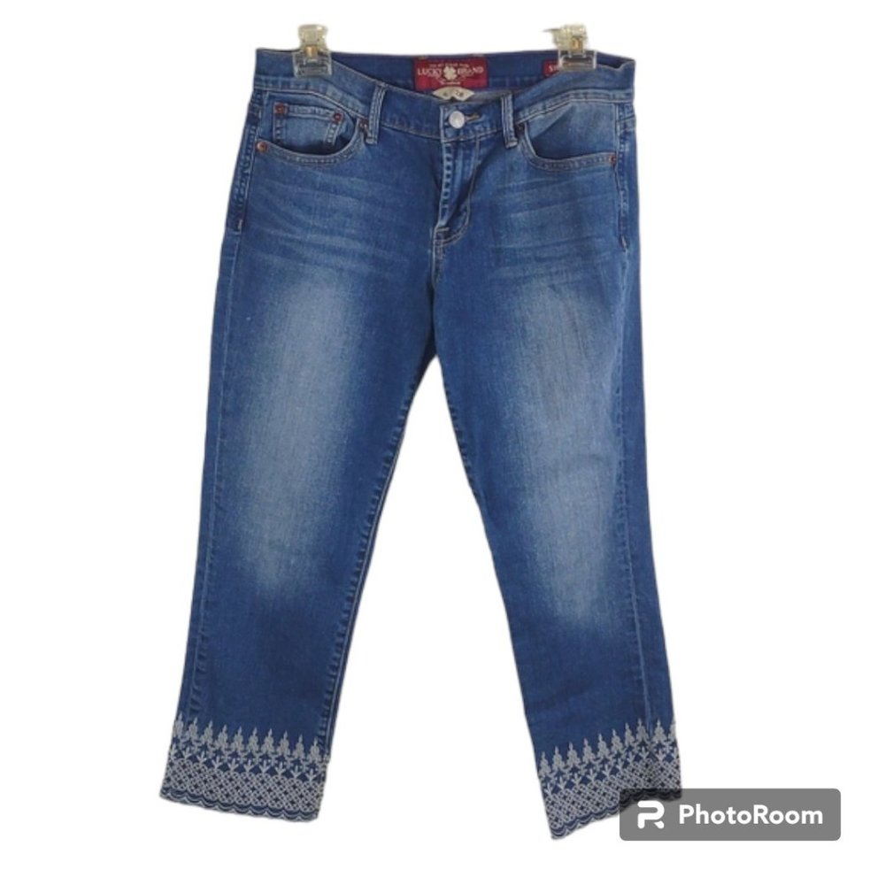 Women's Lucky Brand Sweet'N Crop Lace Embroidered Hem Distressed Blue Jeans